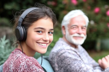 Young hispanic female enjoying music with elderly caucasian male outdoors