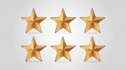 Obraz premium Set of six three-dimensional golden stars on a light grey background, perfect for rating systems and decorative purposes.