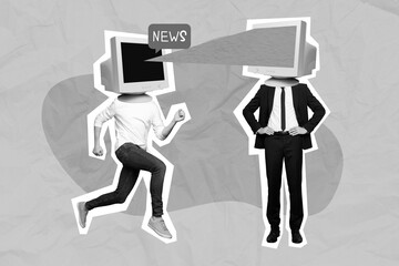 Collage photo artwork surrealism headless caricature people businessman monitor share fake news...