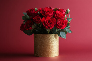 Beautiful bouquet of red roses in a golden glitter vase, creating a luxurious and romantic atmosphere