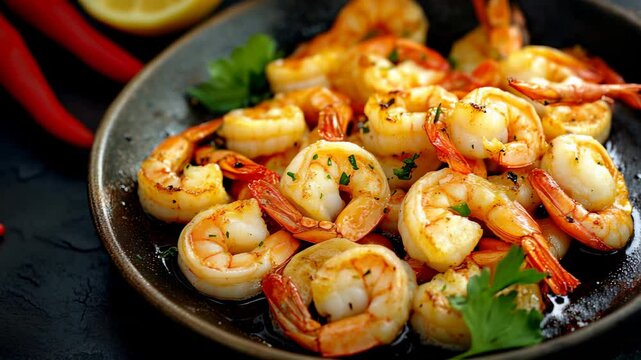 Collection of Footage "Shrimps roasted in a pan with lemon and garlic on a dark rustic background"