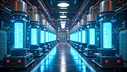 Obraz premium Futuristic High-Tech Corridor with Blue Energy Tanks and Advanced Equipment in Modern Laboratory