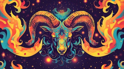 Bold Aries Zodiac Illustration with Fiery Ram and Cosmic Elements for Eye-Catching Design