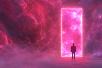 Adult male silhouette facing glowing portal in vivid cosmic landscape