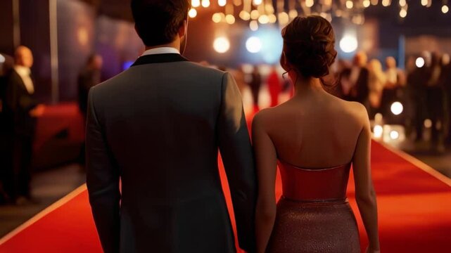 Elegant Couple Walking on Red Carpet at Glamorous Event, Fashion and Style