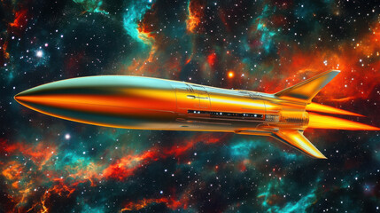 Vibrant Rocket Soaring Through a Colorful Cosmic Landscape Filled With Stars and Nebulas