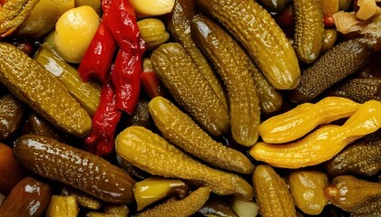 Colorful assortment of pickled vegetables displayed on a wooden surface