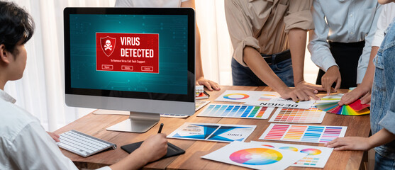 Virus warning alert on computer screen detected brisk cyber threat , hacker, computer virus and malware