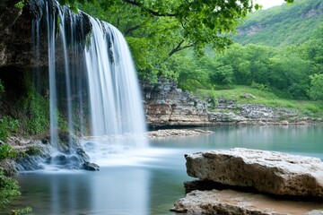 Fototapeta premium Tranquil waterfall in lush green forest with rocky stream and overhanging trees