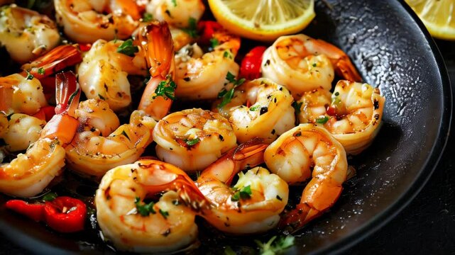 Collection of Footage "Shrimps roasted in a pan with lemon and garlic on a dark rustic background"