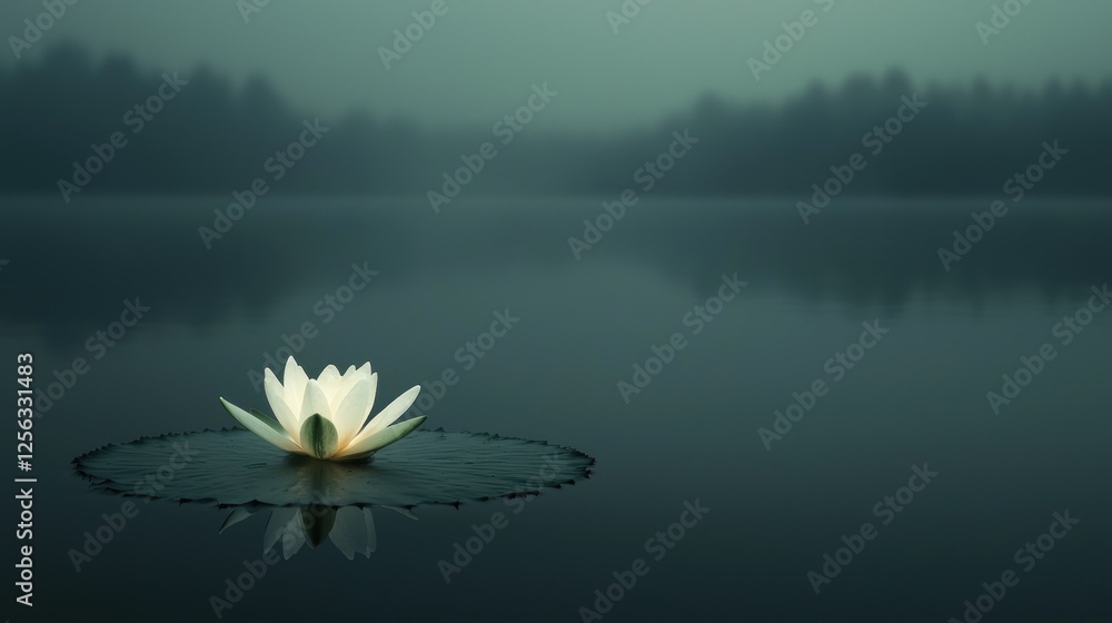 Poster photograph of a single white lotus flower floating on a lily pad in the middle of a calm lake. the w