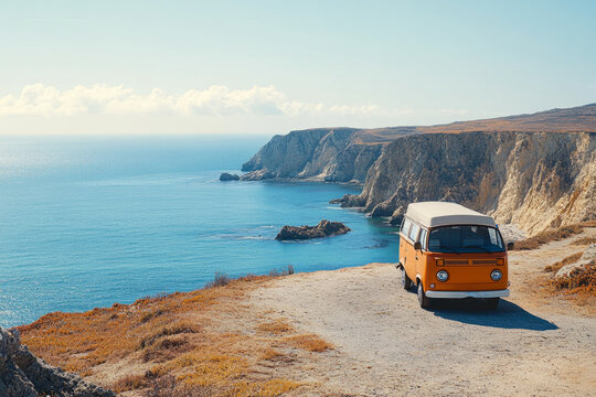 Classic orange camper van parked on a cliff overlooking the pacific ocean on a beautiful sunny day, representing freedom, adventure, and travel