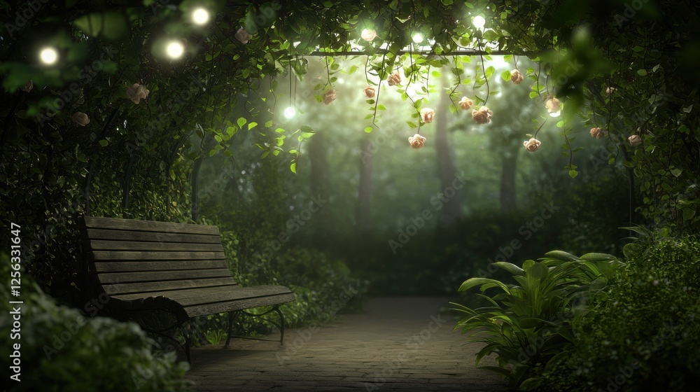 Poster wooden bench in the middle of a pathway in a garden. the pathway is surrounded by lush greenery and 