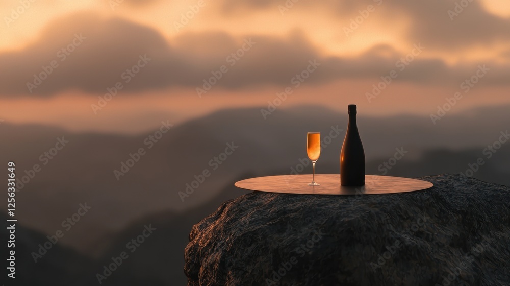 Poster small round table with a bottle of wine and a glass of wine on top of it. the table is placed on a l