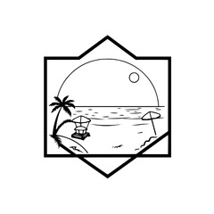 Beach Serenity: a Palm Tree Silhouette on the Sea, Sun, and a Sunshade. The illustration of a beach with a sunshade and palm tree on a white background.