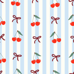 Cherries, stripes and bows vector surface pattern