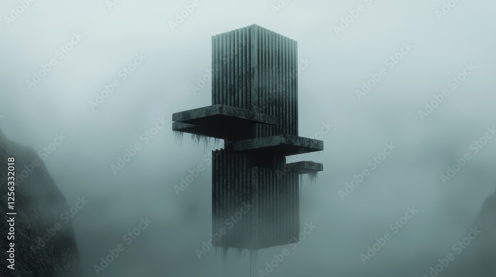 Poster digital art piece that appears to be a 3d rendering of a tall, cylindrical structure in the middle o
