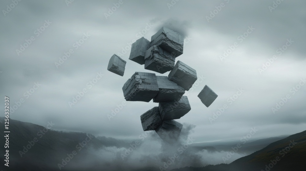 Poster group of cubes floating in the air over a mountainous landscape. the cubes are of different sizes an