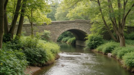 Fototapeta premium Tranquil Stone Bridge Over Serene Stream in Lush Green Landscape