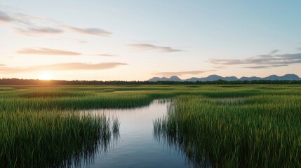 Obraz premium A serene landscape featuring tall grasses by a winding stream, framed by distant mountains under a clear sky at sunset.