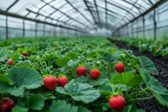 Ripe strawberries growing in a greenhouse, demonstrating sustainable agriculture and industrial farming