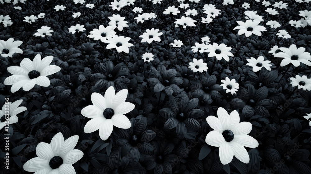 Poster black and white photograph of a large group of white flowers. the flowers are arranged in a random p