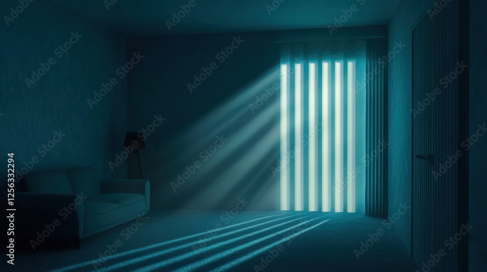 Poster dimly lit room with a blue light shining through a window on the right side of the image. the window