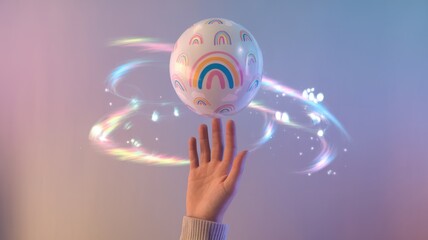 A hand reaching for a colorful ball adorned with rainbows, surrounded by swirling magical light effects in a dreamy pastel background.