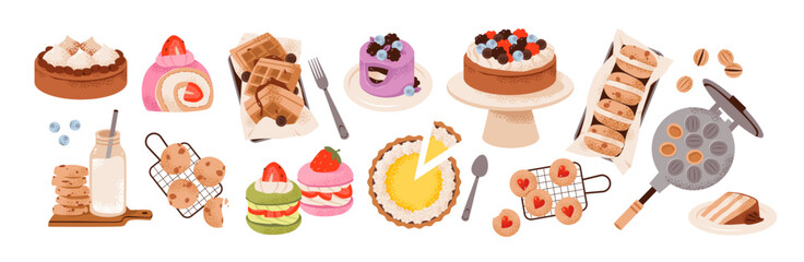 Cake, cookies, waffles, cupcakes, and pastries with chocolate and berry toppings. Homemade desserts. Flat vector illustration set.