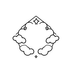 Geometric Composition with Clouds, Stars, and a Central Diamond in a Black and White Style.
