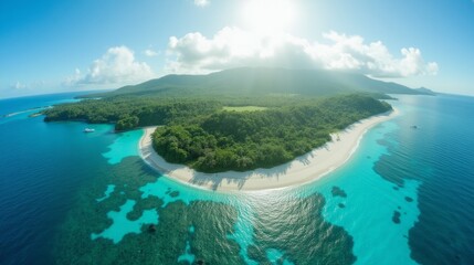 Fototapeta premium Aerial View of Lush Tropical Island with Clear Blue Water and Sunlight