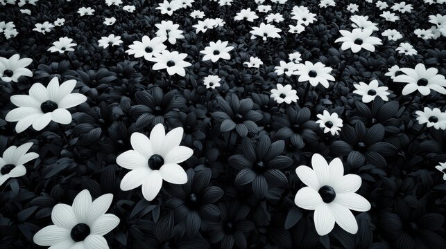 Black and white photograph of a large group of white flowers. the flowers are arranged in a random pattern, with some overlapping each other.