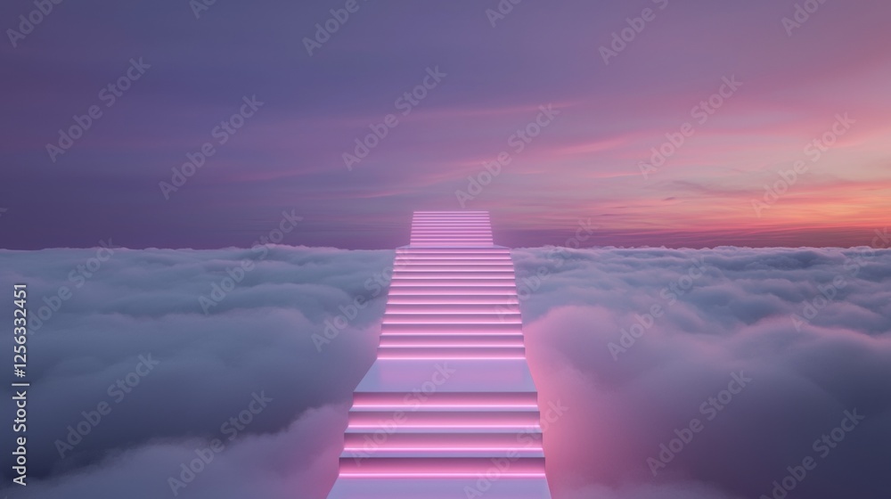 Poster staircase leading up to the top of a cloud. the staircase is made up of multiple steps that are lit 