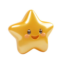 A bright and cheerful 3D cartoon-style star with a happy face, featuring glossy golden tones and adorable eyes. Perfect for children's themes, games, and digital designs.