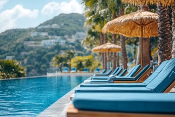 Obraz premium Relaxing summer vacation atmosphere at luxurious infinity pool overlooking beautiful coastal town