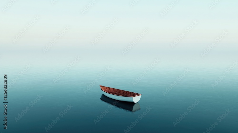 Poster small boat floating on a calm body of water. the boat is white with a red stripe on the side and app