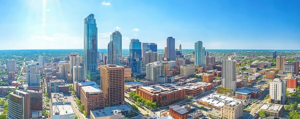 Obraz premium Panoramic view of chicago's skyscraper-laden cityscape under clear blue sky