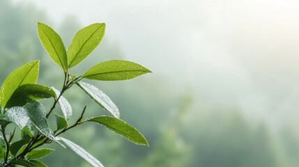 Obraz premium Dewy green leaves, misty forest background, nature serenity, eco-friendly concept