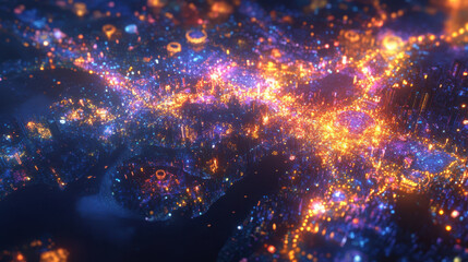 Obraz premium Nighttime Aerial View of a Vibrant Cityscape Illuminated by Bright Lights and Colors