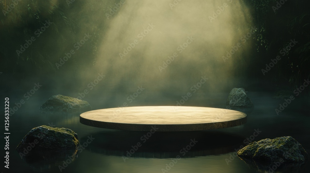 Poster Circular platform in the middle of a body of water. the platform is made of a light-colored material and is surrounded by several large rocks.