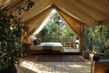 Luxurious glamping tent interior showcasing comfortable bed, wooden floor, and breathtaking forest view, offering a serene and eco-conscious travel experience