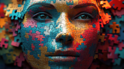 Woman's Face Covered in Vibrant Puzzle Pieces in an Artistic Representation of Complexity and Individuality