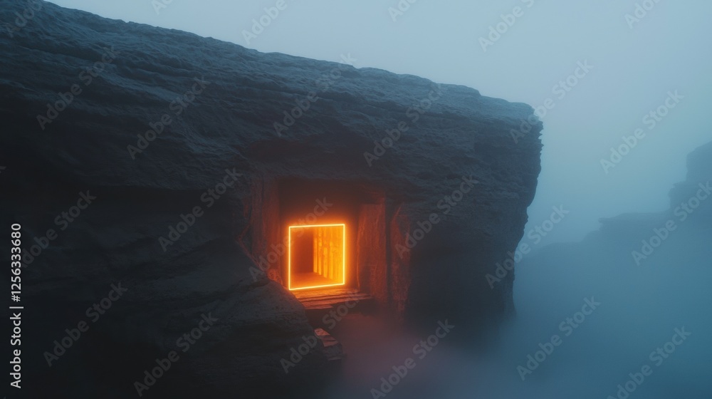 Poster small cave entrance with a small window in the center. the cave is made of large rocks and is locate