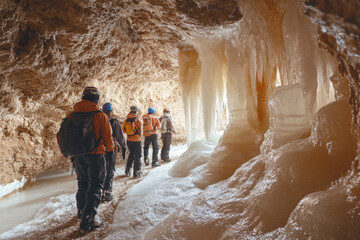 Hikers walking through a frozen cave with impressive ice stalactites