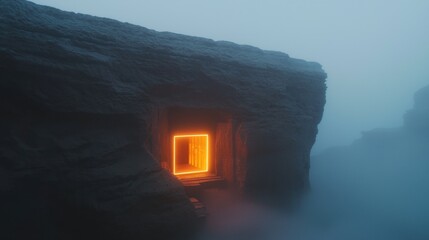 Small cave entrance with a small window in the center. the cave is made of large rocks and is located in the middle of a foggy mountain.