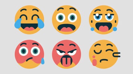 Fototapeta premium Vibrant collection of six expressive emoji, showcasing a range of emotions including joy, surprise, sadness, anger, and indifference.