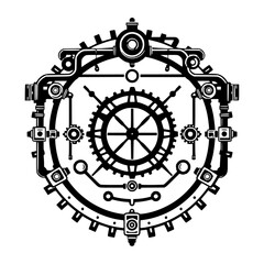 Steampunk-esque geometric clockwork structure rendered in monochrome, full view, with intricate details and a minimalist aesthetic.