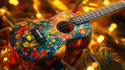 Colorful Ukulele Adorned With Floral Designs Rests Against a Backdrop of Warm Festive Lights During a Cozy Gathering