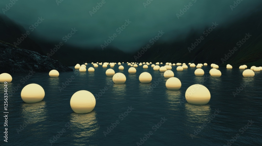 Poster large group of white spheres floating on the surface of a body of water. the spheres are arranged in