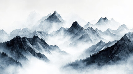Fototapeta premium Mountain Landscape With Mist Under a Cloudy Sky Creates a Serene Atmosphere in Nature During the Early Morning Hours